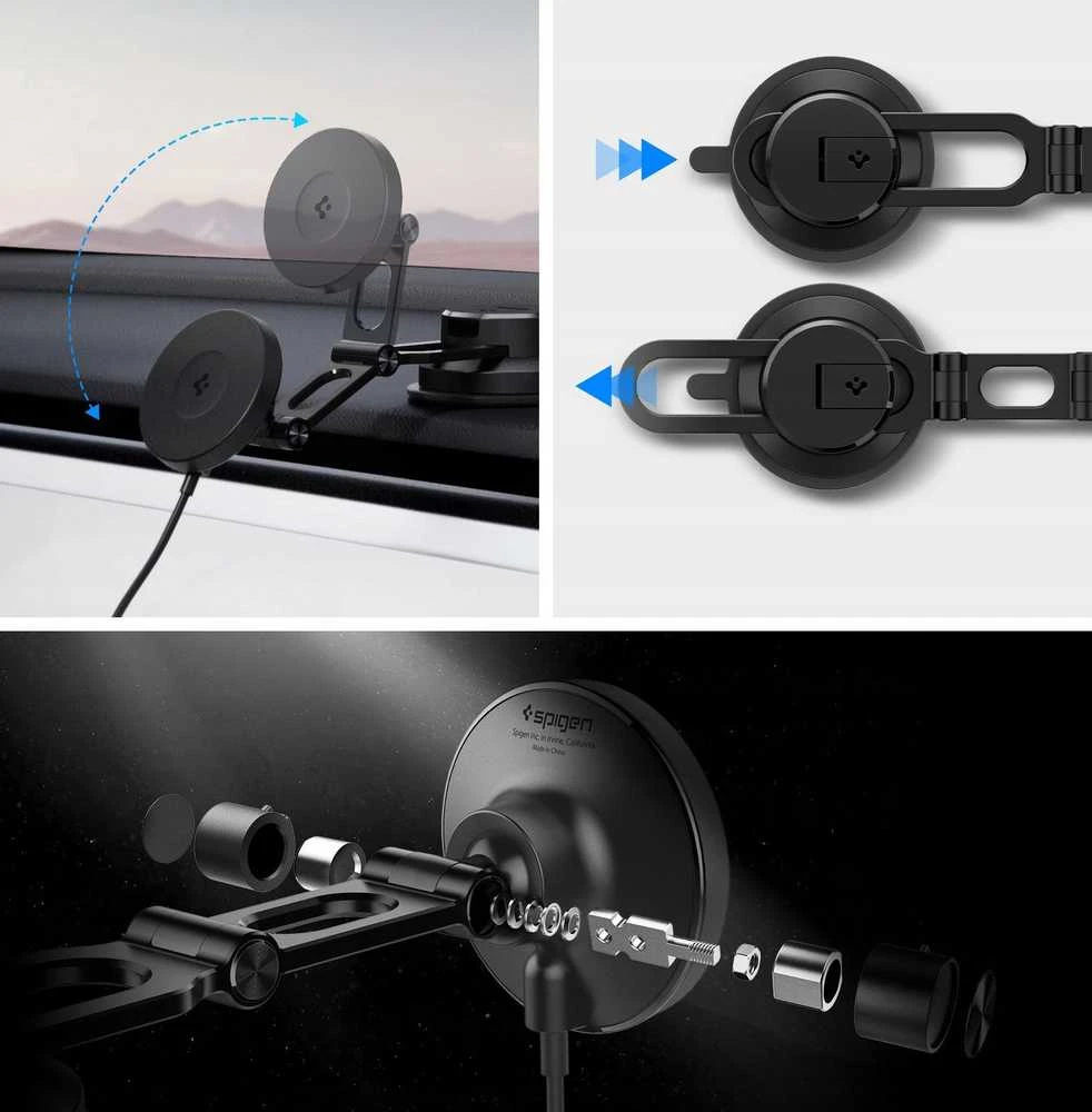 „Spigen OneTap Pro 4 MagSafe“ automobilinis įkroviklis, juodas - belaidis / prietaisų skydelio / priekinio stiklo laikiklis