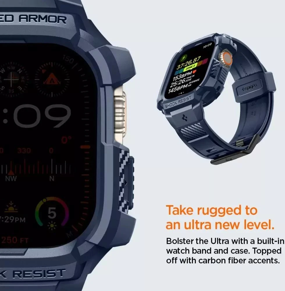 Spigen Rugged Armor Pro – apyrankė su dėklu, skirta Apple Watch Ultra 49 mm (tamsiai mėlyna)