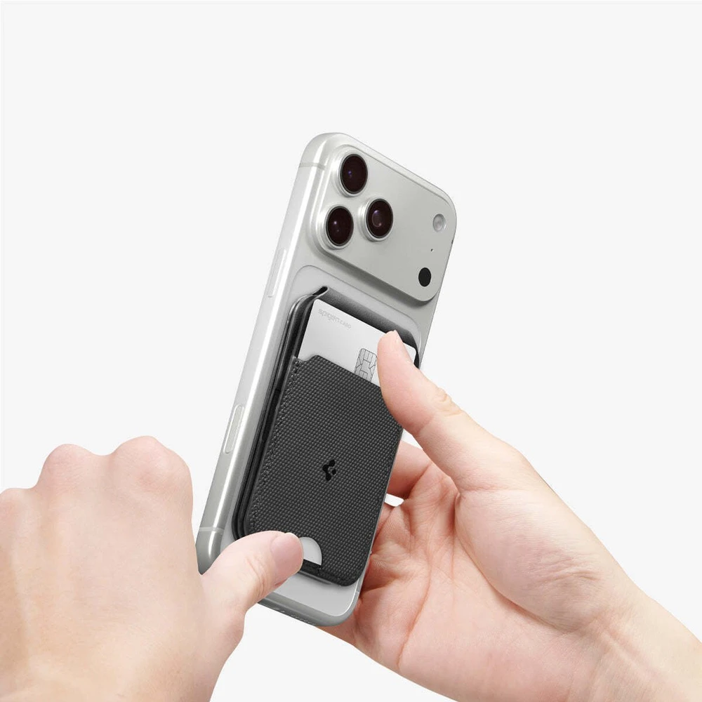 Spigen Plona sulankstoma MagSafe piniginė su trikojumi, skirta 3 kortelėms, juoda