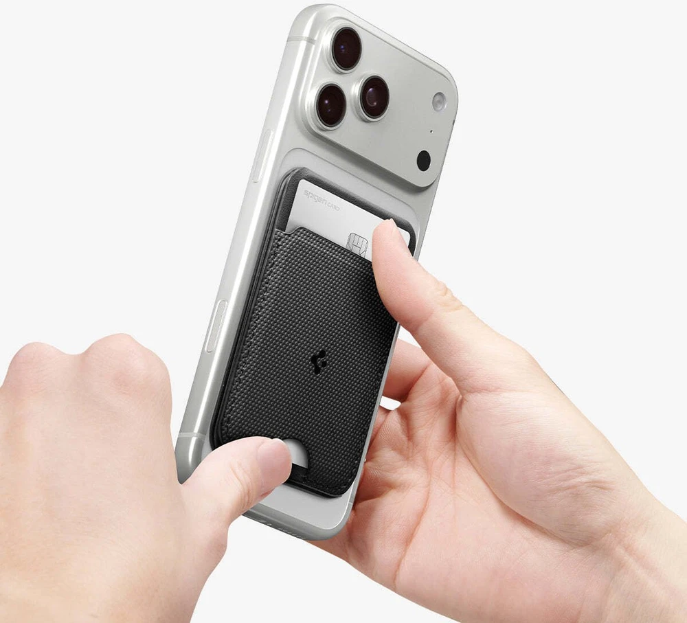 Dėklas Spigen Plona sulankstoma MagSafe piniginė su trikojimi, 1 kortelės vieta, juoda