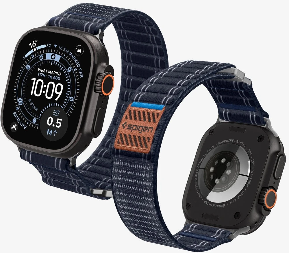 „Spigen Fabric Band“ apyrankė su lipdukais ir kilpelėmis, tamsiai mėlyna - „Apple Watch 49mm/46mm/45mm/44mm“