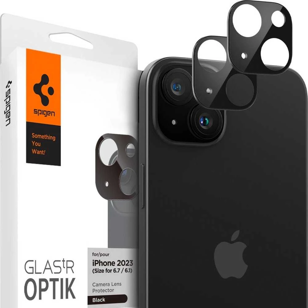 Spigen Glass tR Optik 2 vnt., juodos spalvos - iPhone 15/15 Plus/14/14 Plus