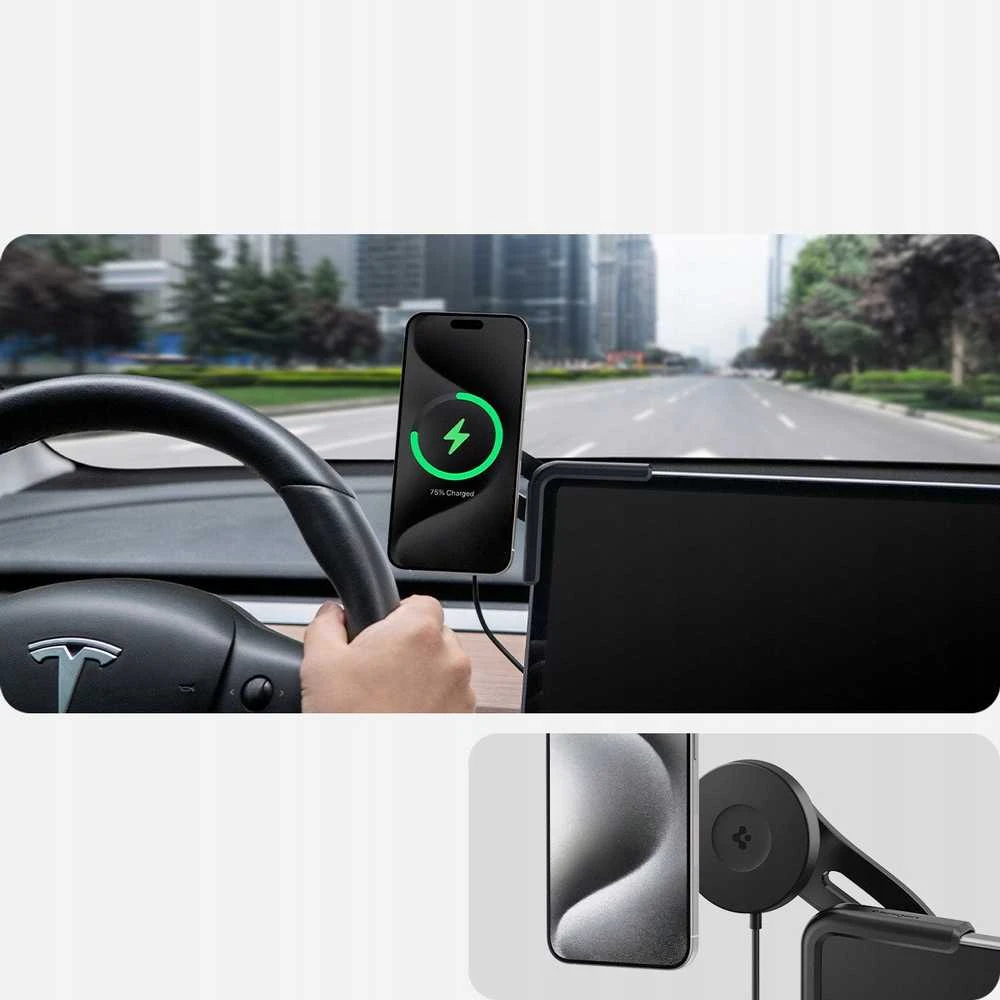 Spigen Tesla TapLock MagSafe automobilinis laikiklis-kroviklis, juodas - belaidis / skirtas ekranui