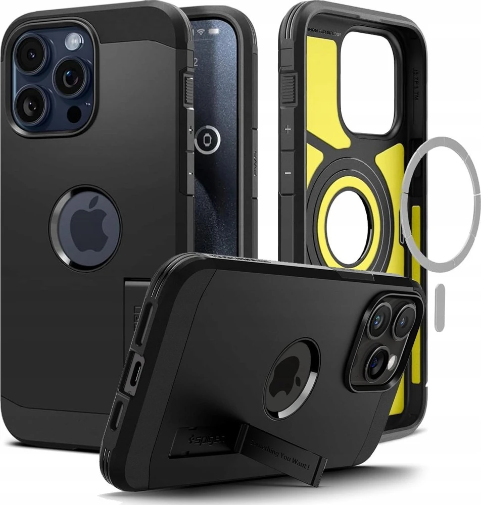 Spigen Tough Armor MagSafe su stoveliu Apple iPhone 16 Pro – dėklas telefonui juodos spalvos