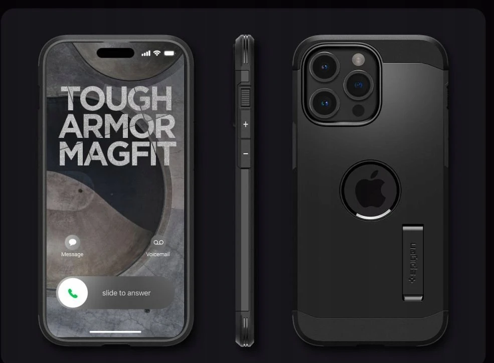 Spigen Tough Armor MagSafe su stoveliu Apple iPhone 16 Pro – dėklas telefonui juodos spalvos
