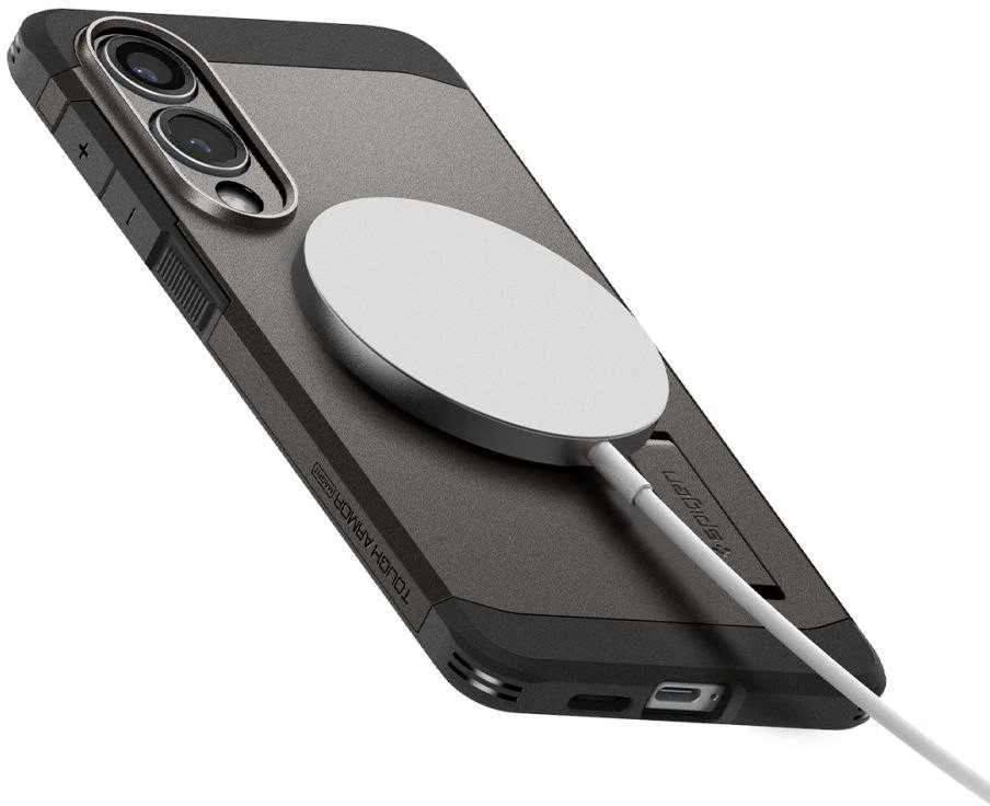 Spigen Tough Armor MagSafe dėklas skirtas Samsung Galaxy S25 Edge – Gray/juodos spalvos