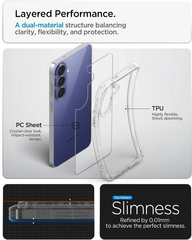 „Spigen Ultra Hybrid“ dėklas, skirtas „Samsung Galaxy S26 FE“, visiškai permatomas