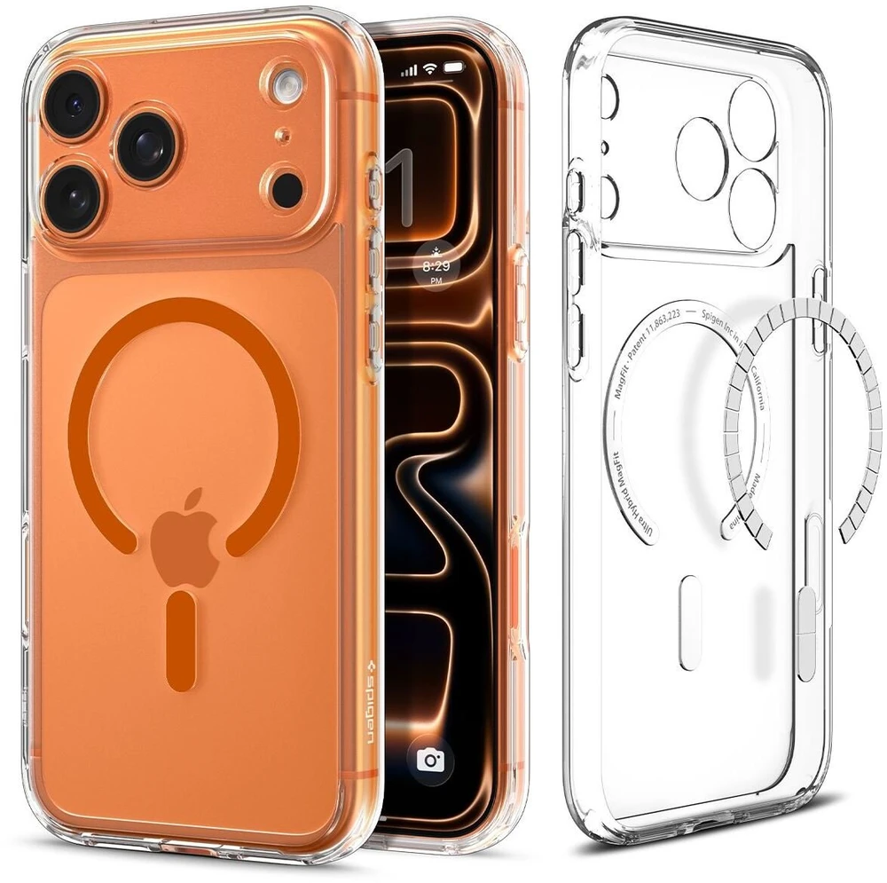 Dėklas „Spigen Ultra Hybrid MagSafe“, skaidrus oranžinis - iPhone 17 Pro