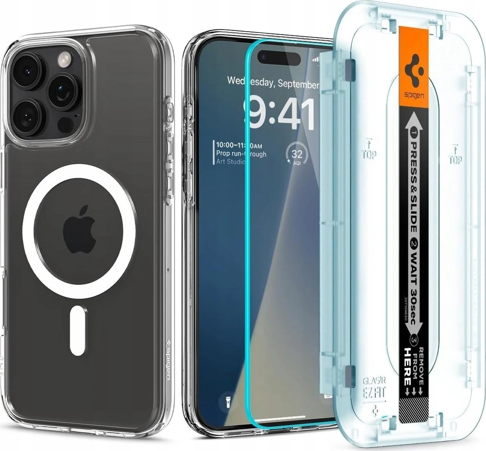 Dėklas Spigen Ultra Hybrid MagSafe, baltas + stiklas tR EZ Fit Pack - iPhone 16 Pro Max