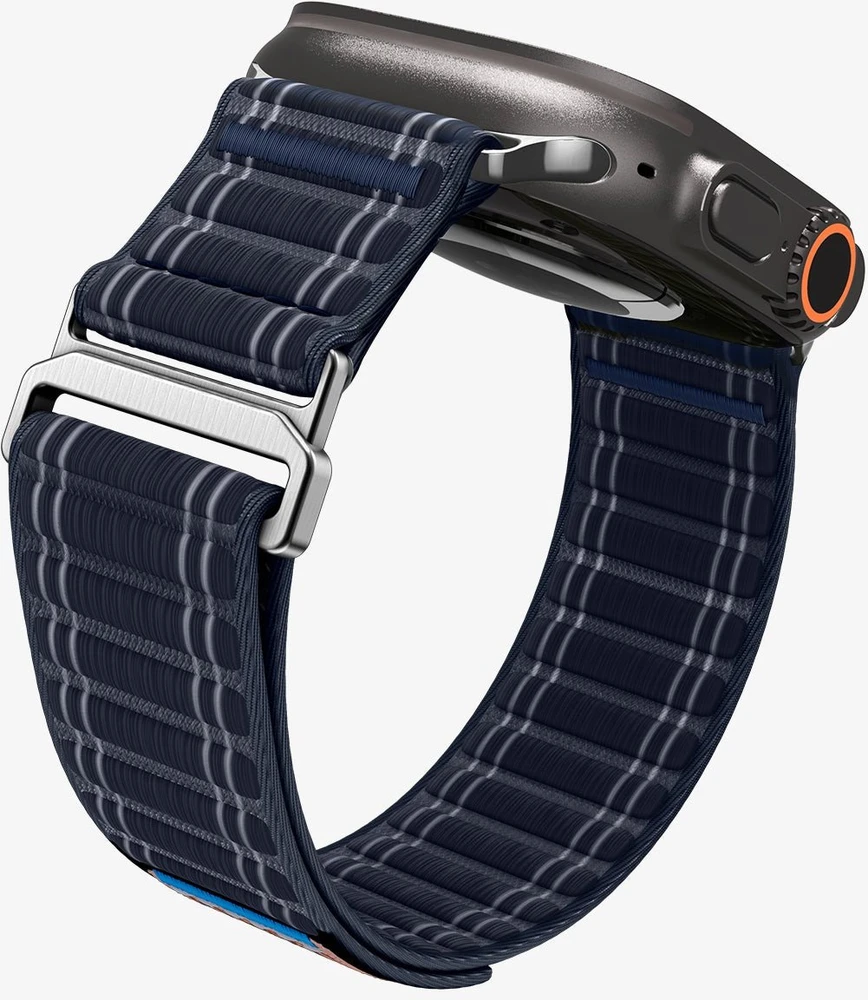„Spigen Fabric Band“ apyrankė su lipdukais ir kilpelėmis, tamsiai mėlyna - „Apple Watch 49mm/46mm/45mm/44mm“