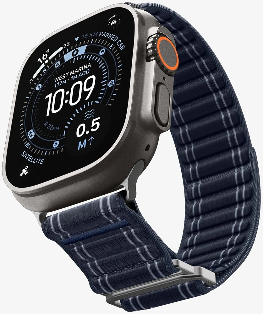 „Spigen Fabric Band“ apyrankė su lipdukais ir kilpelėmis, tamsiai mėlyna - „Apple Watch 49mm/46mm/45mm/44mm“