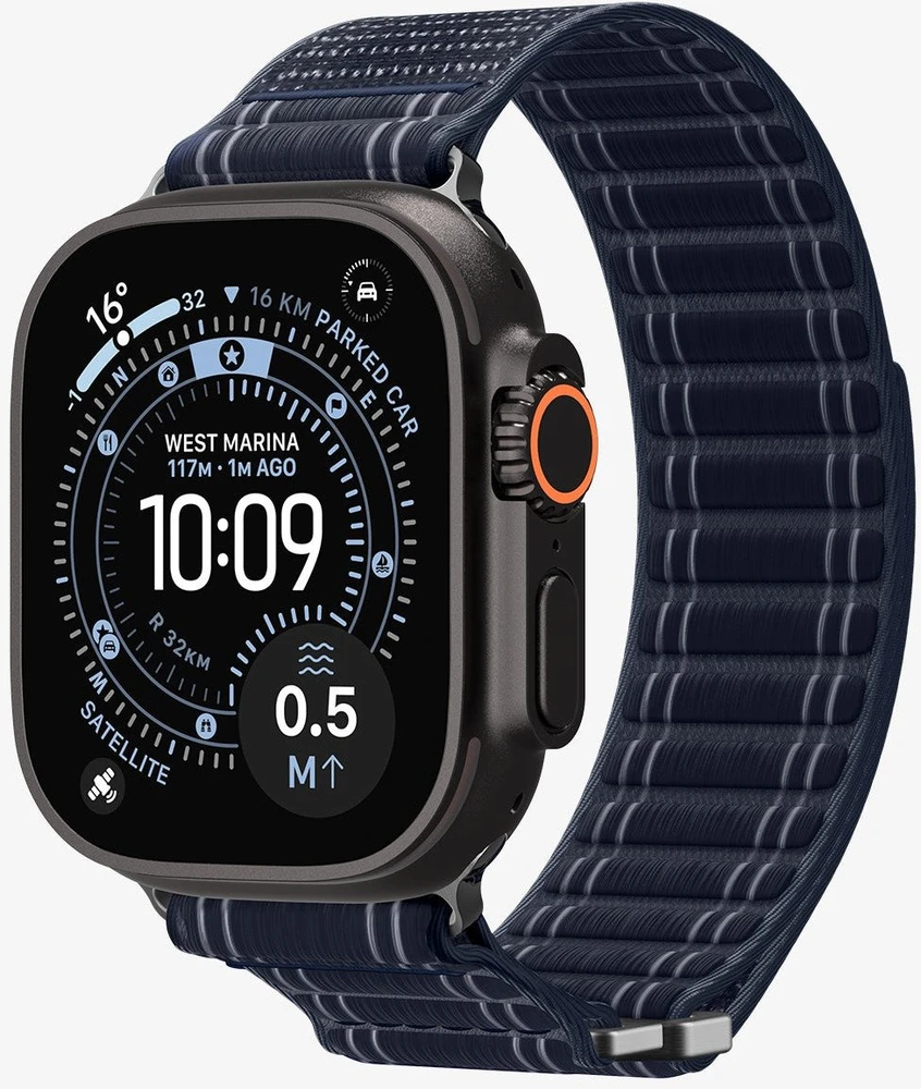 „Spigen Fabric Band“ apyrankė su lipdukais ir kilpelėmis, tamsiai mėlyna - „Apple Watch 49mm/46mm/45mm/44mm“