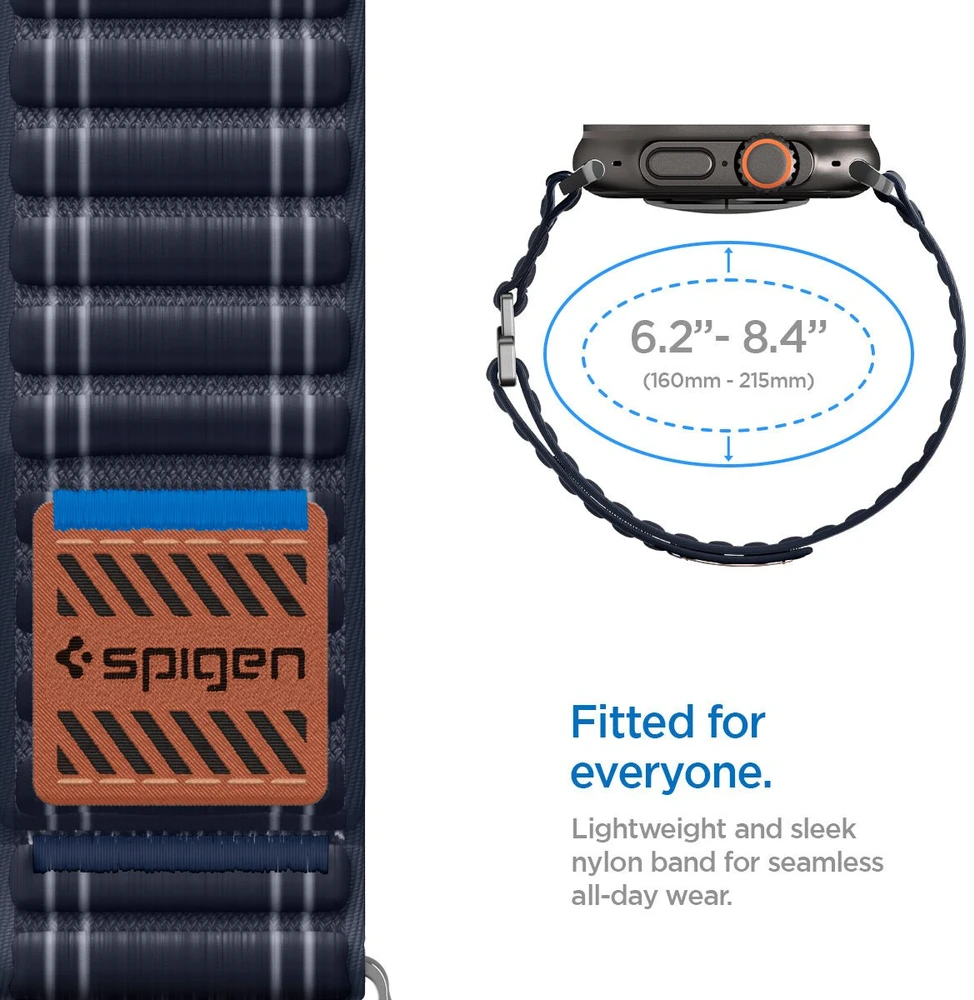 „Spigen Fabric Band“ apyrankė su lipdukais ir kilpelėmis, tamsiai mėlyna - „Apple Watch 49mm/46mm/45mm/44mm“