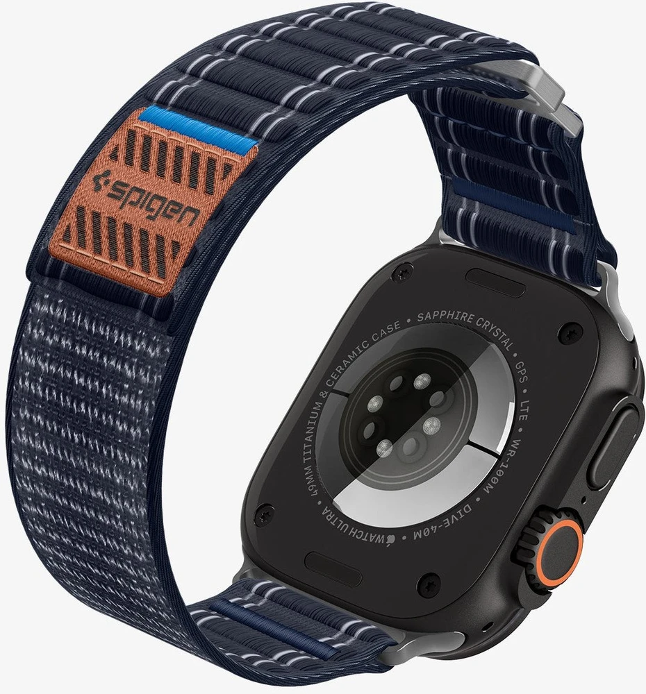 „Spigen Fabric Band“ apyrankė su lipdukais ir kilpelėmis, tamsiai mėlyna - „Apple Watch 49mm/46mm/45mm/44mm“