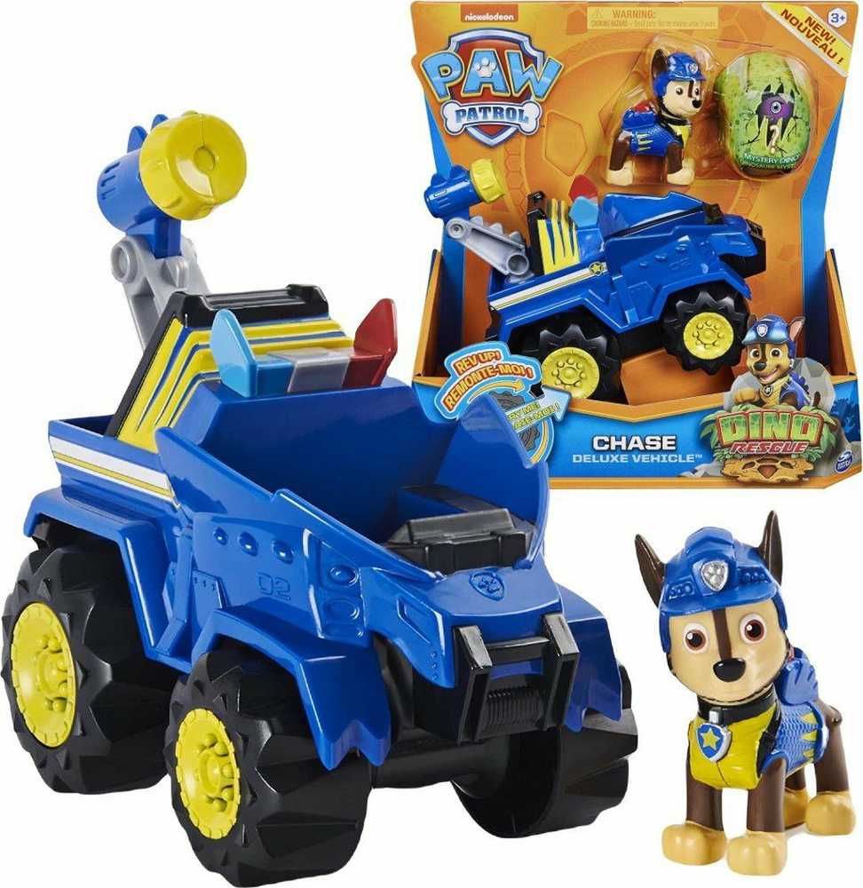 Spin Master Spin Master Paw Patrol Dino Rescue Chases Basic Vehicle, Toy Vehicle (Mėlyna/Geltona, Su šunų figūra ir Surprise Dino)
