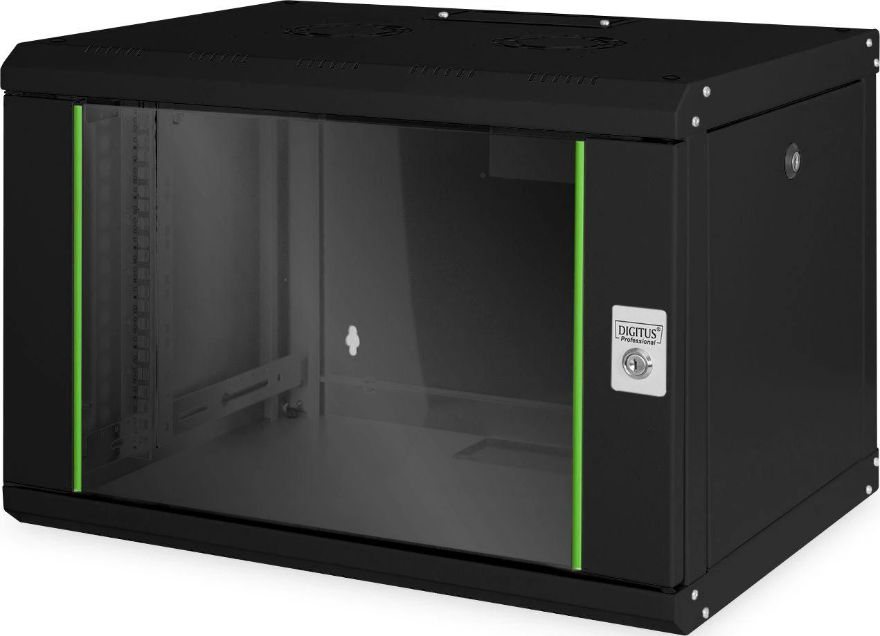 Digitus | Prie sienos tvirtinama spintelė | DN-19 07-U-SW | IP apsaugos klasė: IP20; Priekinės durys: Stiklinės durys, vienos pusės atidaromos; Spintelės tipas: Prie sienos tvirtinama spintelė; Įrangos montavimo gylis min.-maks.: 305-370 mm; Keliamoji galia: 100 kg; Matmenys 420 x 600 x 450 mm, | Juodas