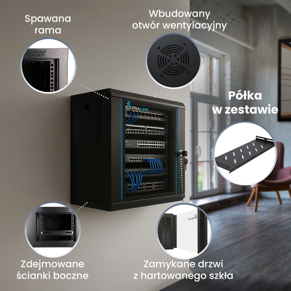 „Extralink Lite“ 12U 530X400 prie sienos montuojama spintelė, juoda