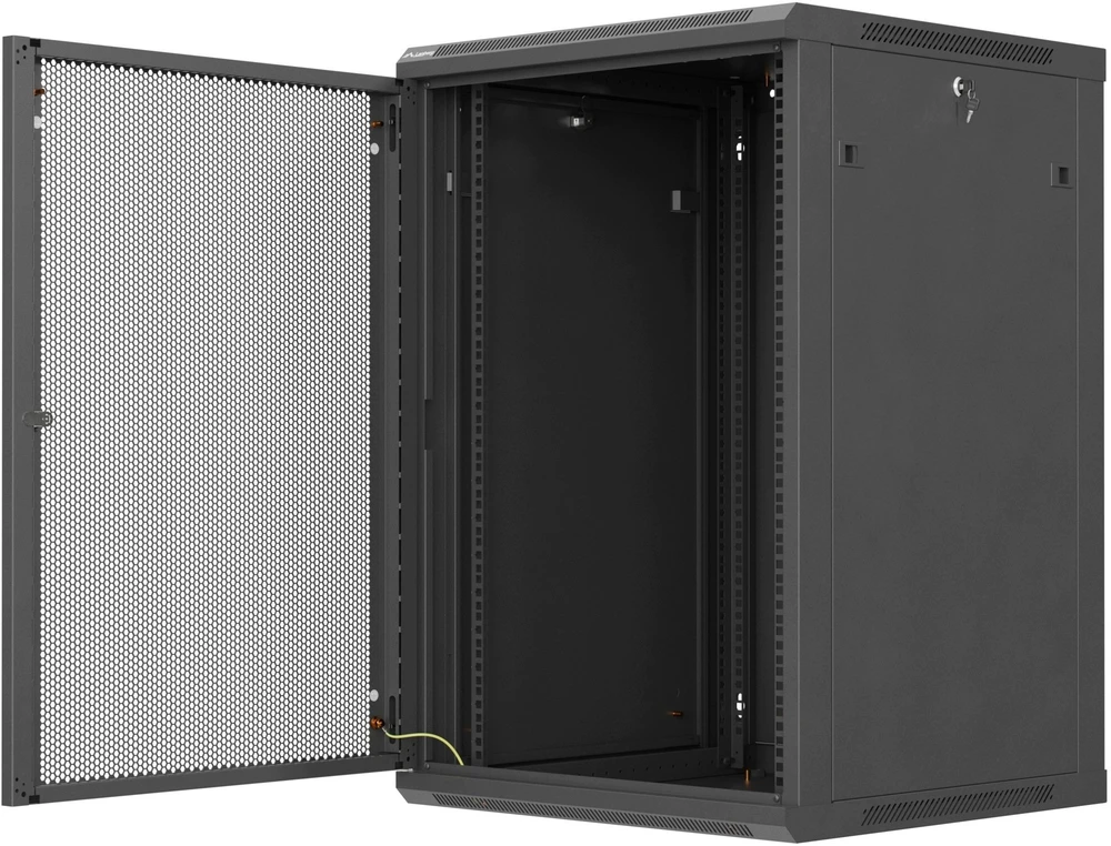 Spinta Lanberg Montavimo pakabinama rack 19'' 18U 600X600 juoda perforuotomis durelėmis (Flat Pack) (WF01-6618-23B)