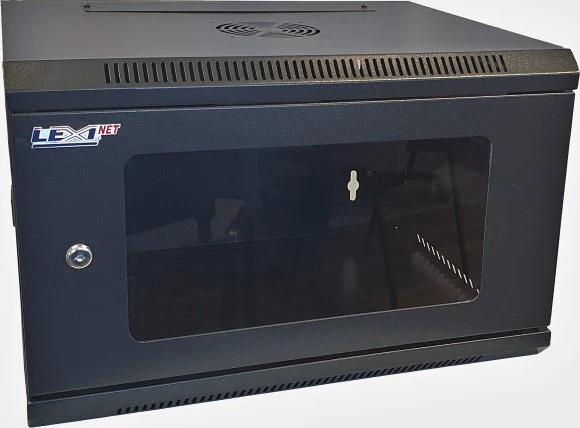 LEXI-Net 19" sieninė spinta 12U 600x450, keliamoji galia 60 kg, stiklinės durelės, išskleistos, juodos
