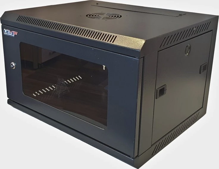 LEXI-Net 19" sieninė spinta 12U 600x450, keliamoji galia 60 kg, stiklinės durelės, išskleistos, juodos
