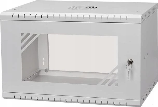 LEXI-Net 19" sieninė spinta Basic 6U 520x450, stiklinės durelės, be nugarėlės, išlankstoma, pilka
