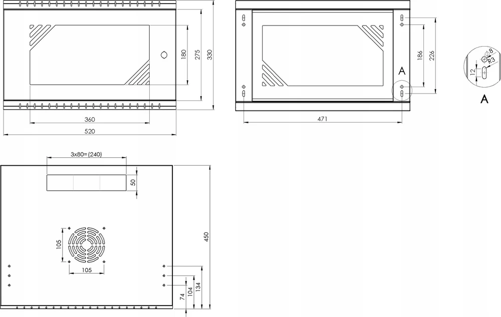 LEXI-Net 19" sieninė spinta Basic 6U 520x450, stiklinės durelės, be nugarėlės, išlankstoma, pilka