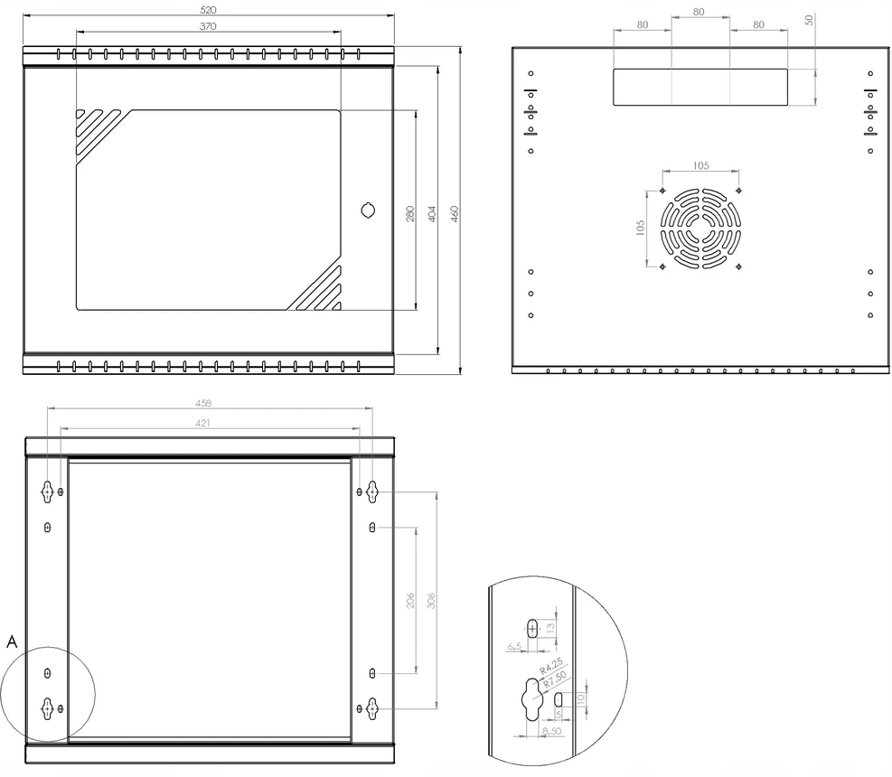 LEXI-Net 19" sieninė spinta Basic 9U 525x450, stiklinės durelės, be nugarėlės, išlankstoma, pilka