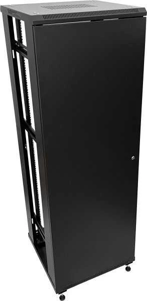 27U serverio spinta 800x1000, stiklinės priekinės durys, perforuotos plieninės galinės durys, spyna, 4 laikančiosios sijos, 4 reguliuojamos kojelės, savarankiškam surinkimui, juodas Q-LANTEC