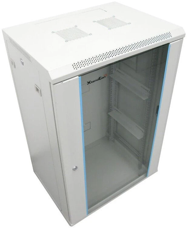 XtendLan 19" sieninė spintelė 18U 600x600, keliamoji galia 60 kg, stiklinės dūmų durys, išskleistos, pilkos spalvos