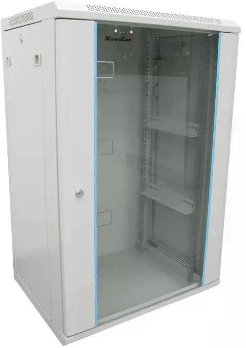 XtendLan 19" sieninė spintelė 18U 600x450, keliamoji galia 60 kg, stiklinės durys, virintos, pilkos spalvos