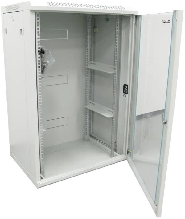 XtendLan 19" sieninė spintelė 18U 600x450, keliamoji galia 60 kg, stiklinės durys, virintos, pilkos spalvos