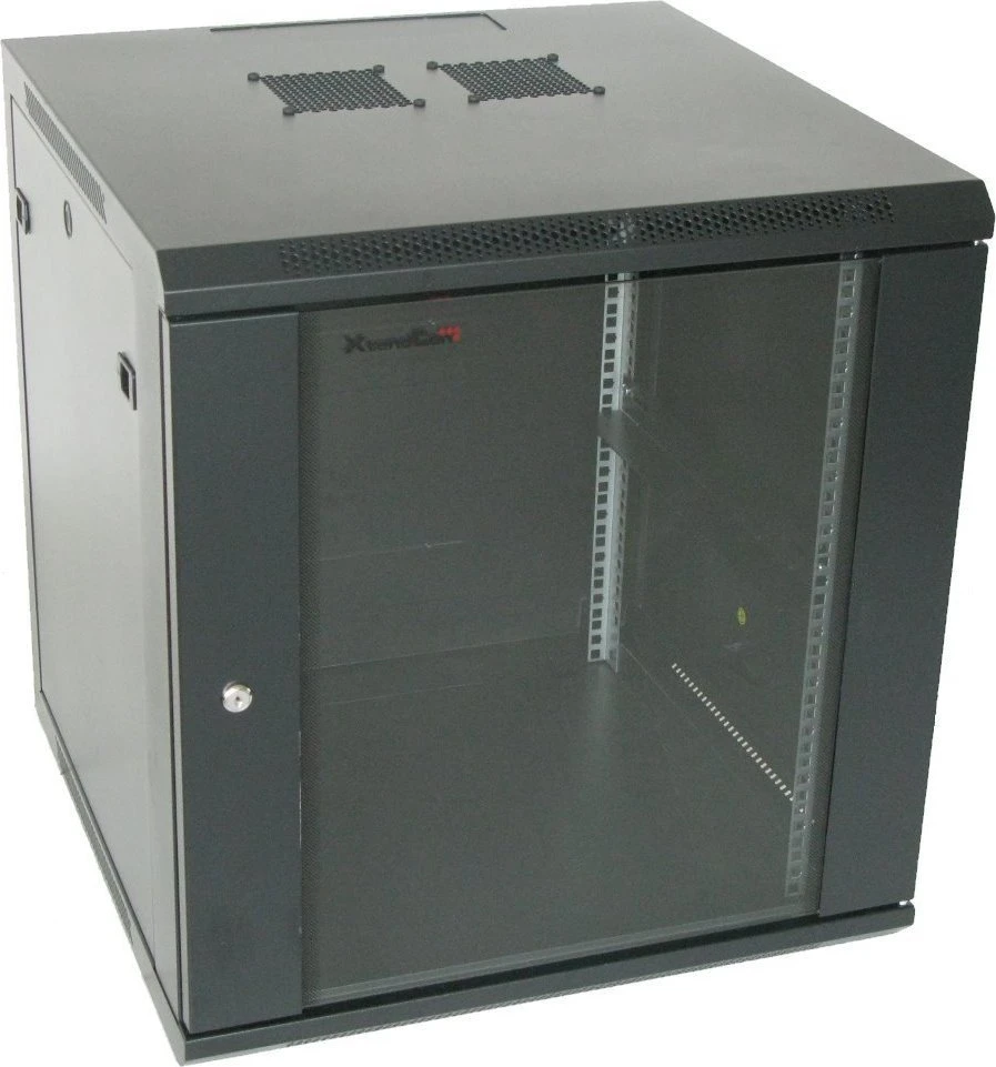 XtendLan 19" sieninė spinta 12U 600x600, keliamoji galia 60 kg, stiklinės durelės, išskleistos, juodos