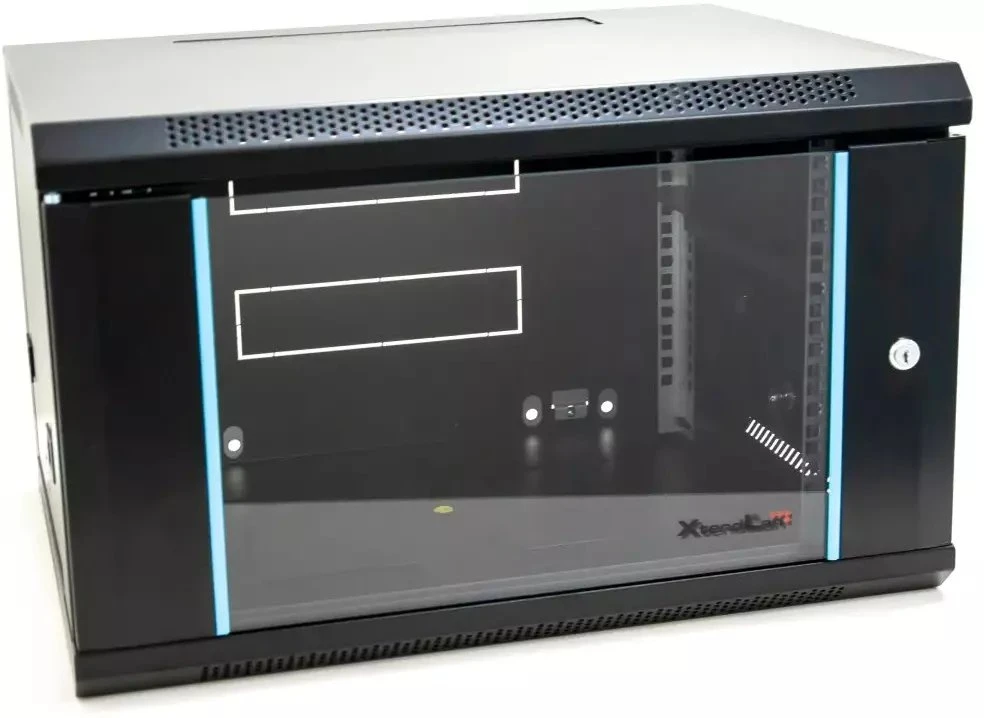XtendLan 19" sieninė spinta 6U 600x450, keliamoji galia 60 kg, stiklinės durys, suvirintos, juodos