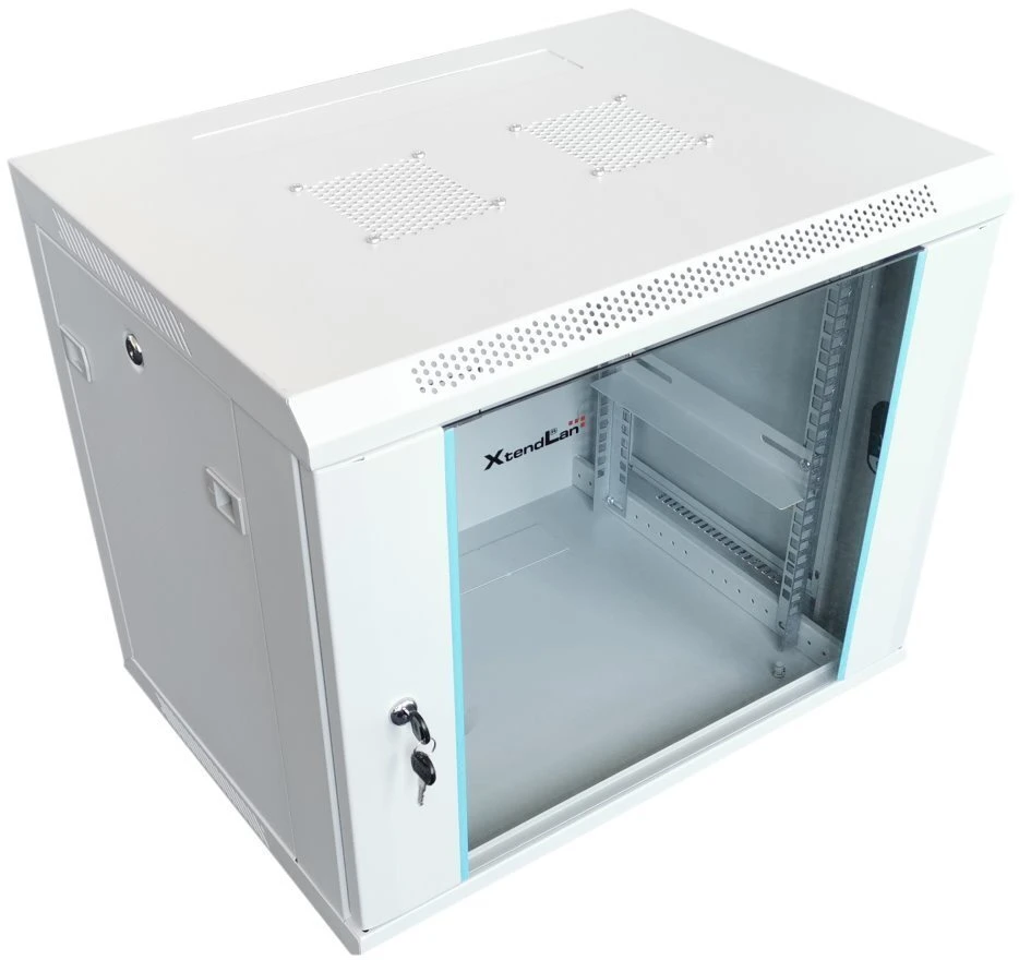 XtendLan 19" sieninė spinta 12U 600x450, keliamoji galia 60 kg, stiklinės durelės, išskleistos, pilkos spalvos