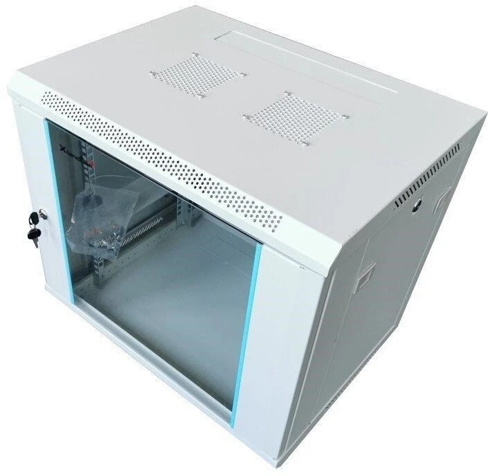 XtendLan 19" sieninė spinta 12U 600x450, keliamoji galia 60 kg, stiklinės durelės, išskleistos, pilkos spalvos