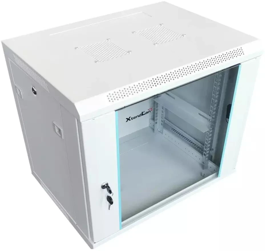XtendLan 19" sieninė spintelė 12U 600x450, keliamoji galia 60 kg, stiklinės durys, virintos, pilkos spalvos