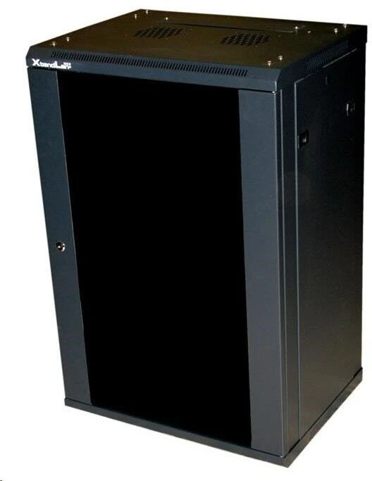 XtendLan 19" sieninė spintelė 18U 600x450, keliamoji galia 60 kg, stiklinės dūminės durys, išskleistos, juodos