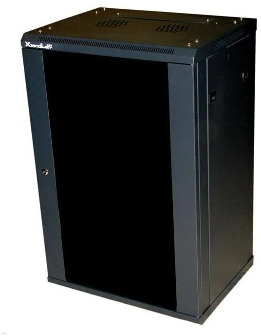 XtendLan 19" sieninė spintelė 18U 600x600, keliamoji galia 60 kg, stiklinės dūminės durys, išskleistos, juodos