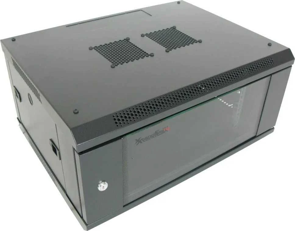 XtendLan 19" sieninė spinta 4U 600x450, keliamoji galia 60 kg, stiklinės durys, suvirintos, juodos
