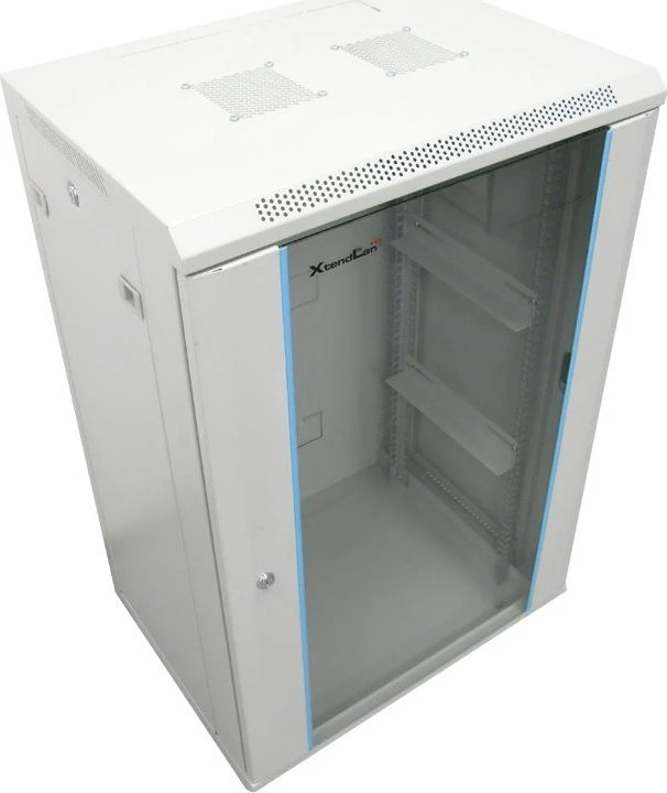 XtendLan 19" sieninė spinta 22U 600x600, keliamoji galia 60 kg, stiklinės dūminės durys, virintos, pilkos spalvos
