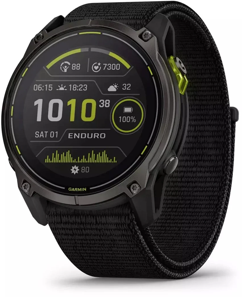 Išmanusis laikrodis Garmin Enduro 3 Pilkos anglies spalvos DLC titanas su juodos spalvos UltraFit Nylon dirželiu