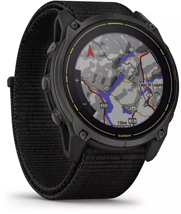 Išmanusis laikrodis Garmin Enduro 3 Pilkos anglies spalvos DLC titanas su juodos spalvos UltraFit Nylon dirželiu