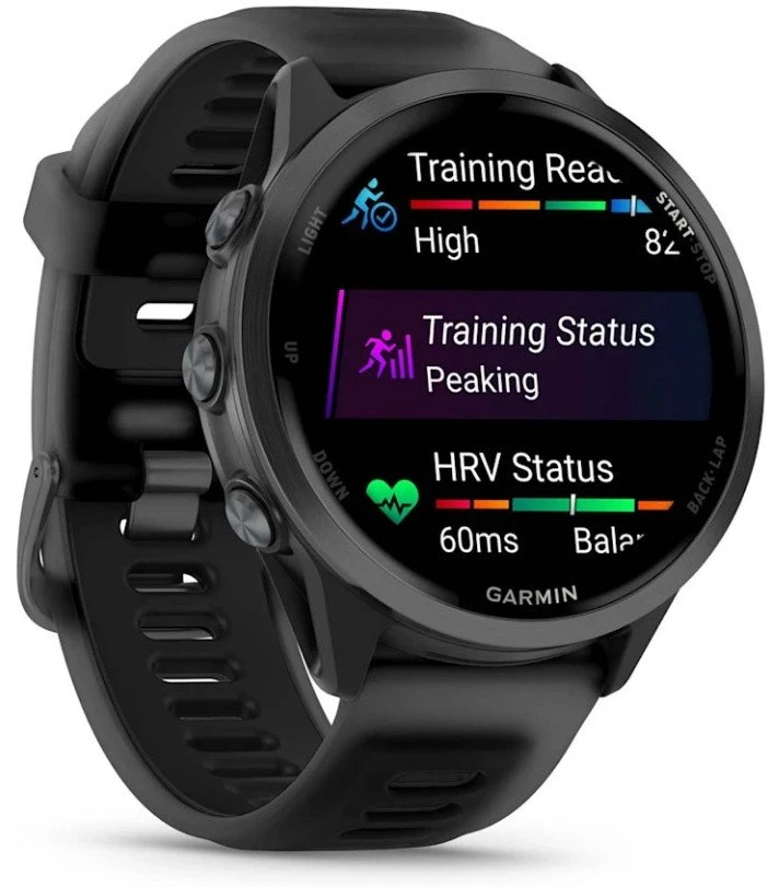 Išmanusis laikrodis Garmin Forerunner® 570 - 47mm, Pilkai melsvos spalvos aliuminis su permatomu juodu / juodu dirželiu