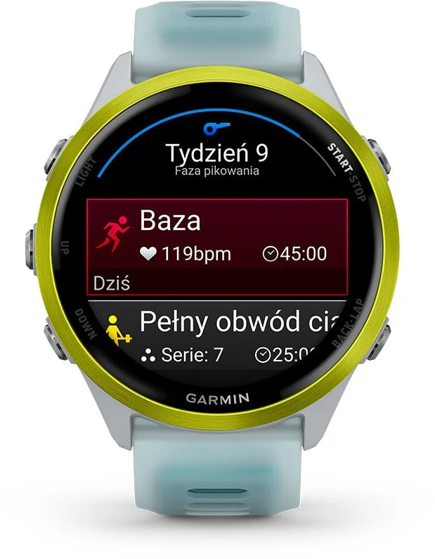 Išmanusis laikrodis Garmin Forerunner® 570 - 47mm, Ryškiai geltonos spalvos aliuminis su permatomu baltojo akmens / turkio spalvos dirželiu