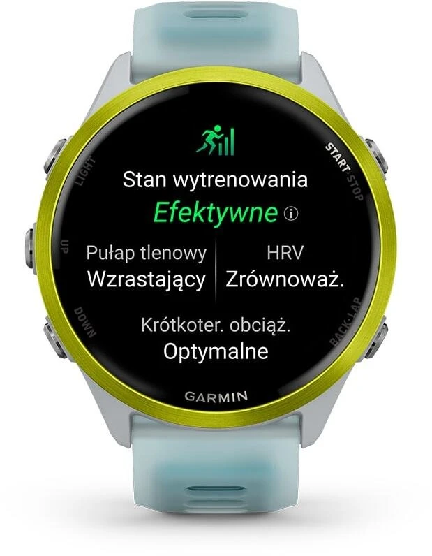 Išmanusis laikrodis Garmin Forerunner® 570 - 47mm, Ryškiai geltonos spalvos aliuminis su permatomu baltojo akmens / turkio spalvos dirželiu