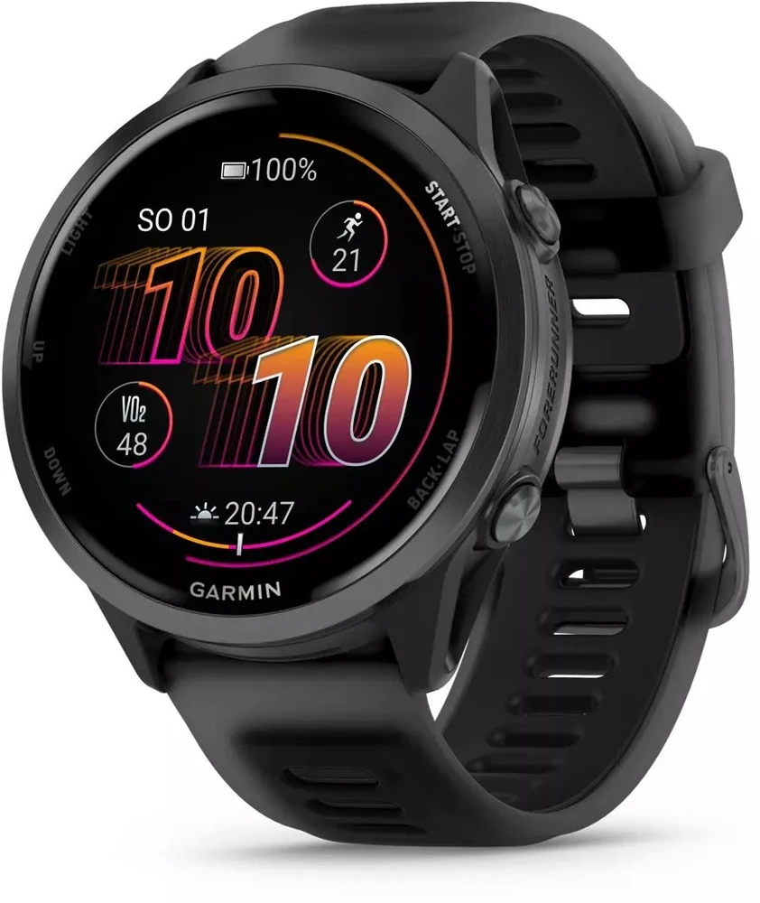 Išmanusis laikrodis Garmin Forerunner® 570 - 47mm, Pilkai melsvos spalvos aliuminis su permatomu juodu / juodu dirželiu