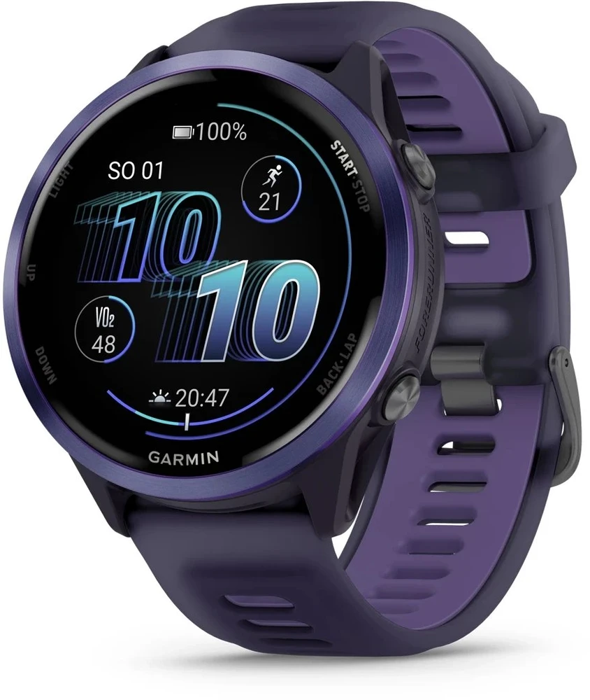 Išmanusis laikrodis Garmin  Forerunner® 570 - 47mm, Indigo spalvos aliuminis su permatomu imperinės rožinės / indigo spalvos dirželiu