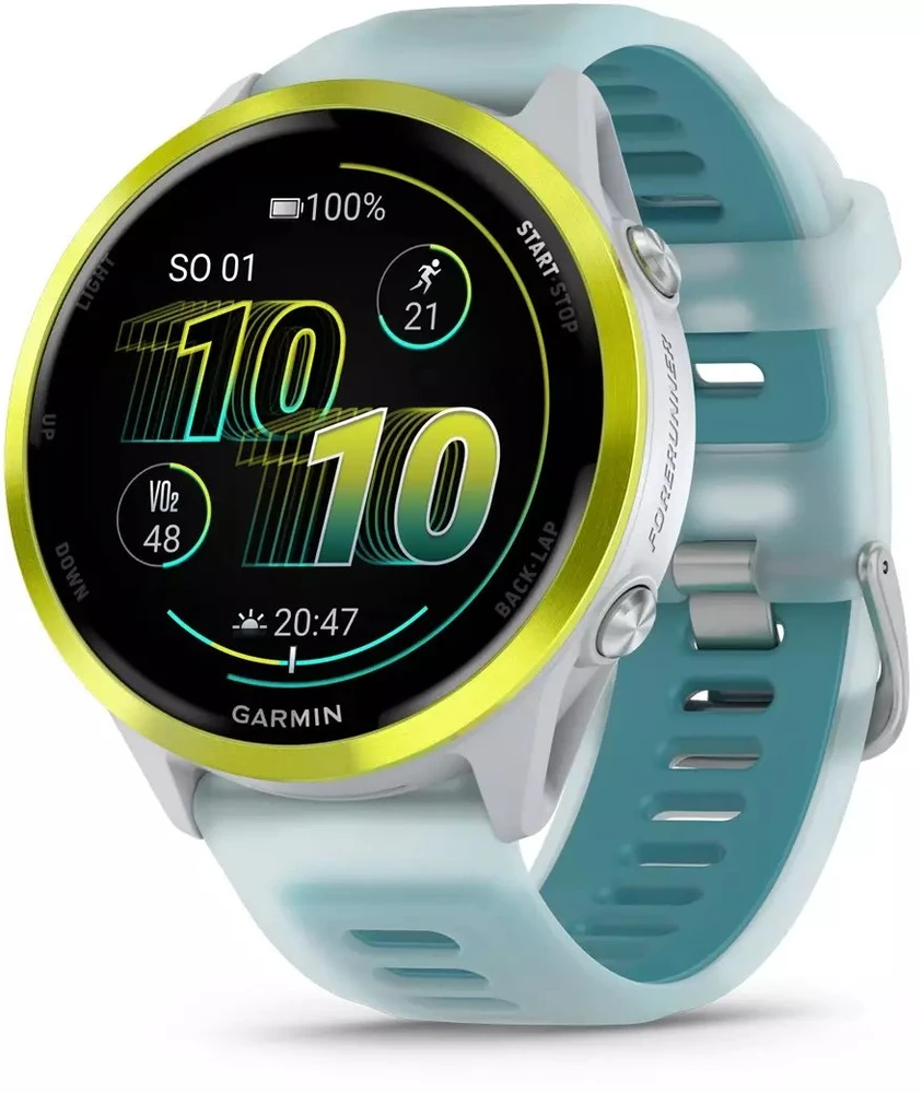 Išmanusis laikrodis Garmin Forerunner® 570 - 47mm, Ryškiai geltonos spalvos aliuminis su permatomu baltojo akmens / turkio spalvos dirželiu