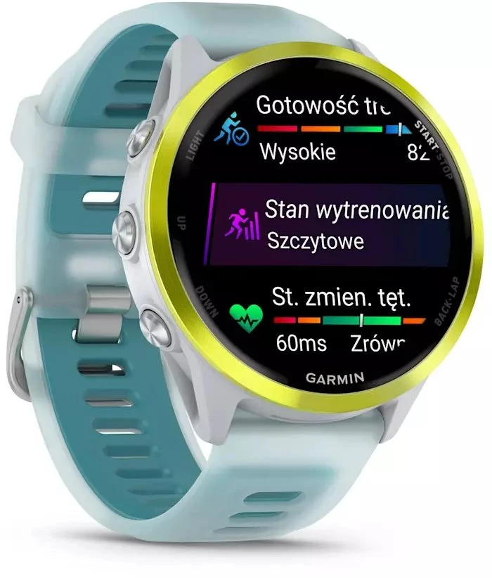 Išmanusis laikrodis Garmin Forerunner® 570 - 47mm, Ryškiai geltonos spalvos aliuminis su permatomu baltojo akmens / turkio spalvos dirželiu