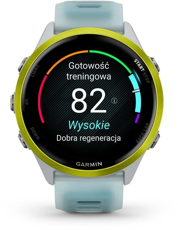 Išmanusis laikrodis Garmin Forerunner® 570 - 47mm, Ryškiai geltonos spalvos aliuminis su permatomu baltojo akmens / turkio spalvos dirželiu